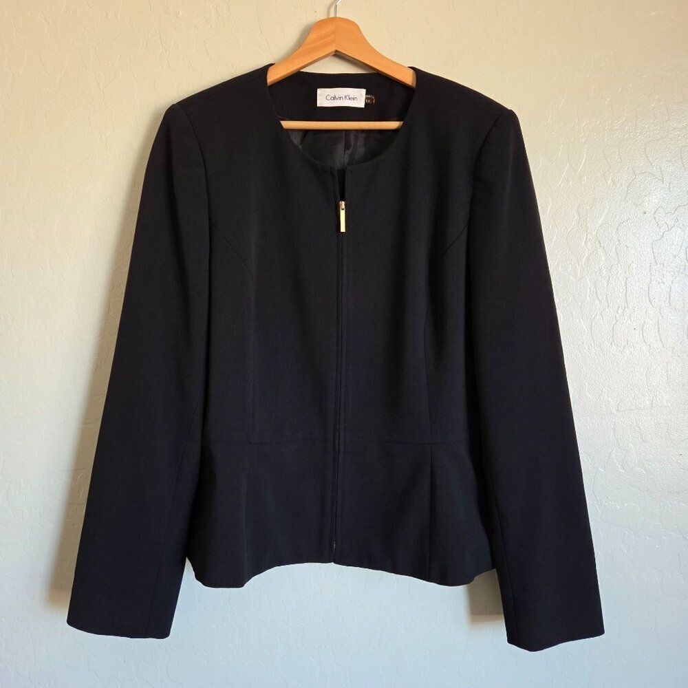 Calvin Klein Round Neck Full Zip Blazer Jacket Black Size Women's 14 Work Career